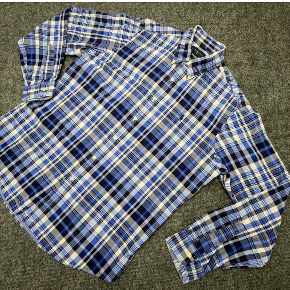 Ralph Lauren Mens L Blue Plaid Button Down Shirt Long Sleeve Pony Logo